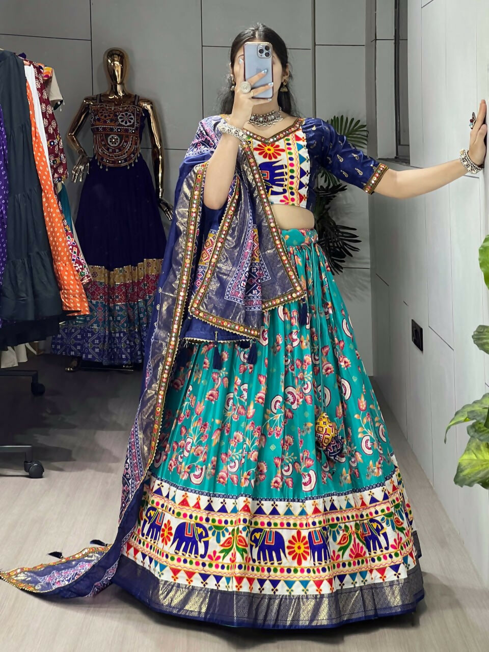 Yash Enterprise Firozi Silk Embroidery Semi Stitched Navratri Chaniya Choli | Grocsy