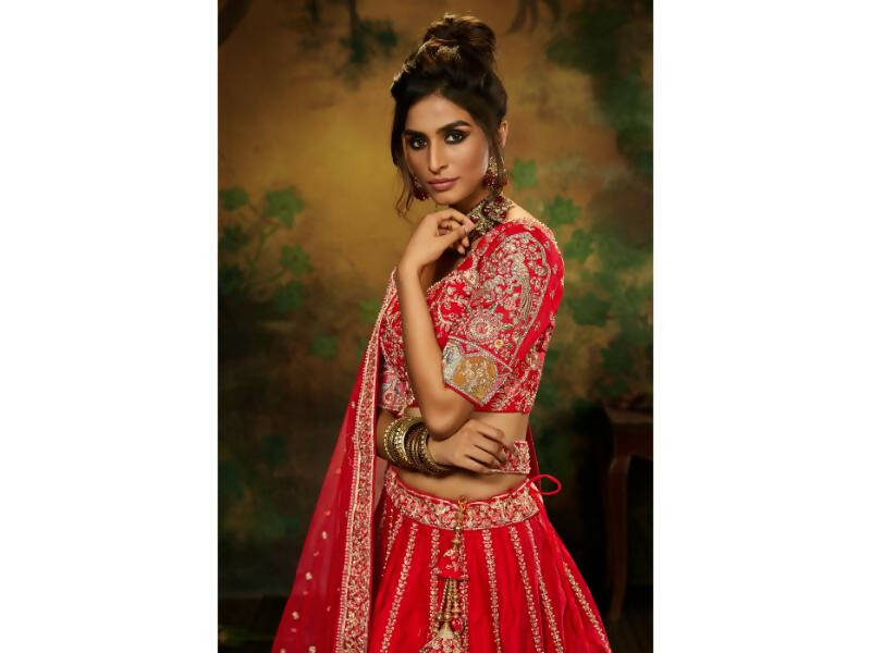 House of Panchhi Red Pure Silk Moti & Zarkan heavy embroidery Lehenga choli & Dupatta | Grocsy