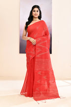 Piyari Fashion Women's Red Embellished Cotton Blend Jamdani Saree | Grocsy