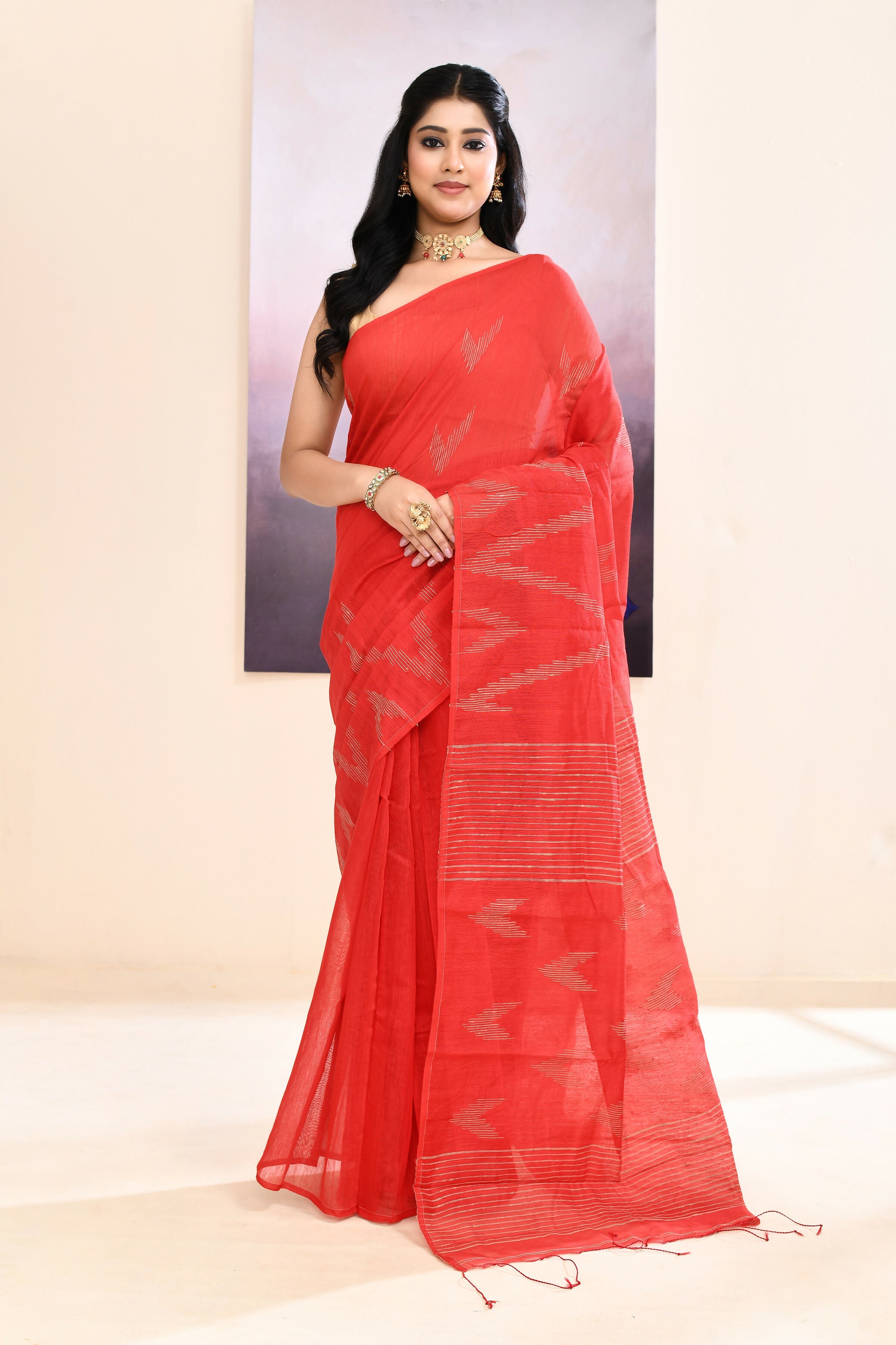 Piyari Fashion Women's Red Embellished Cotton Blend Jamdani Saree | Grocsy