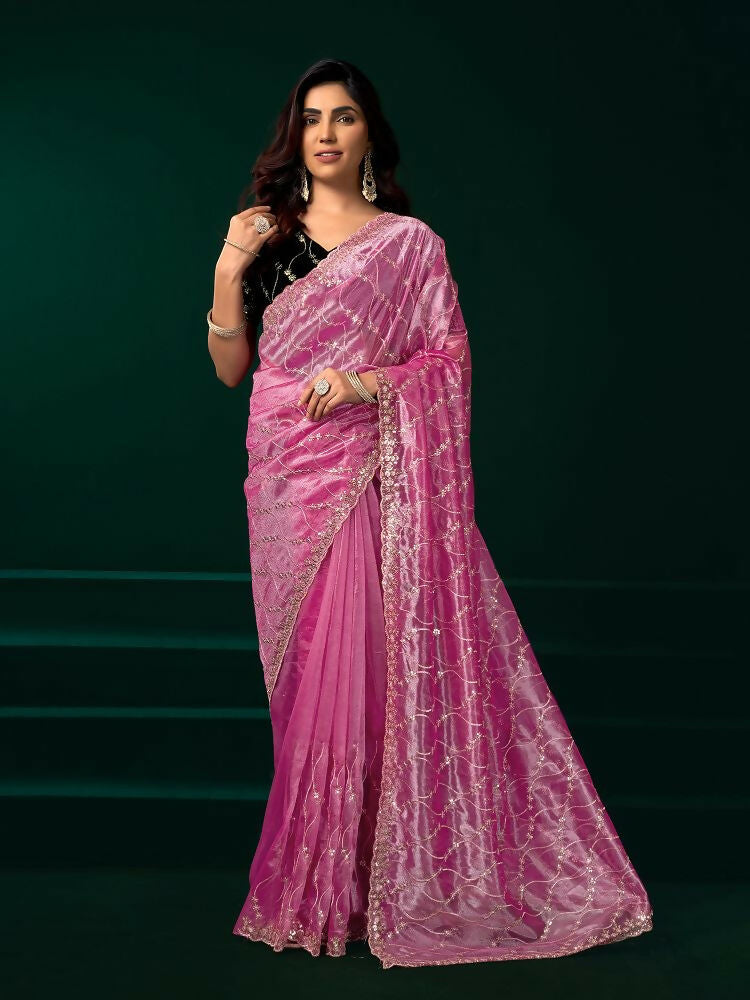 Joban Fashion Pink Net Party Wear Sarees | Grocsy