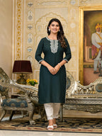 Juniper Women's Green Thread Embroidered Rayon Kurta | Grocsy