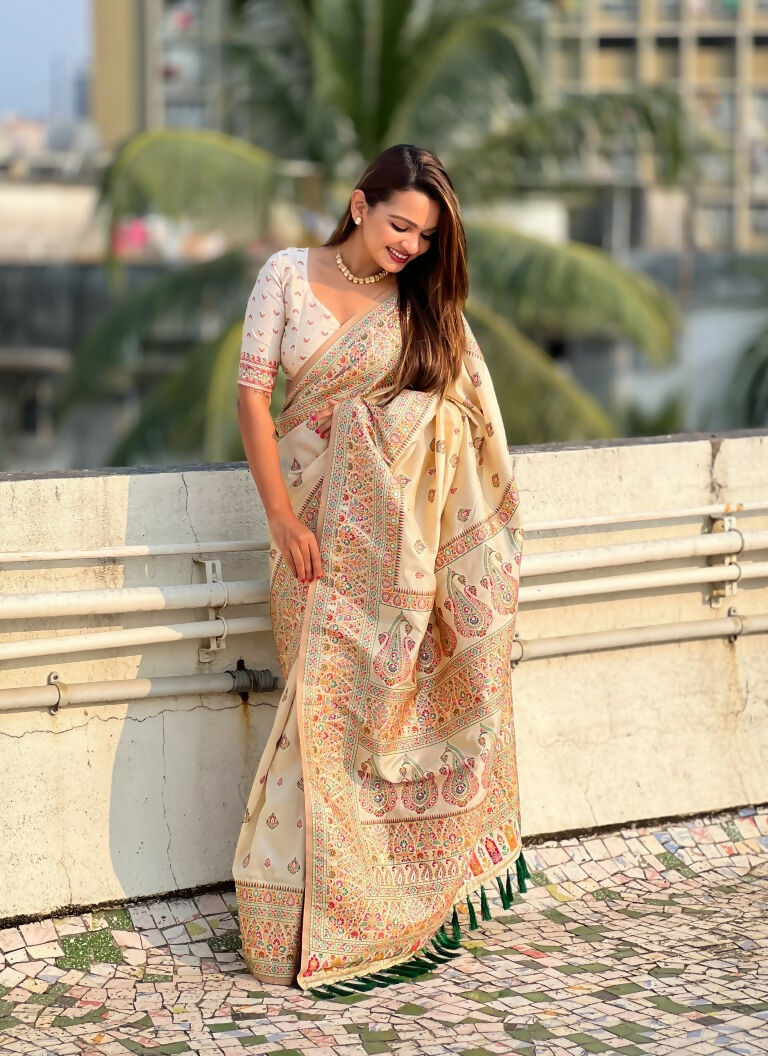Yellow Pashmina Silk Wevon Kashmiri Meenakari Designer Saree with Unstitched Blouse - Vandini | Grocsy