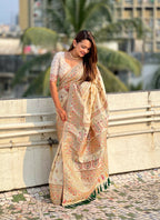 Yellow Pashmina Silk Wevon Kashmiri Meenakari Designer Saree with Unstitched Blouse - Vandini | Grocsy