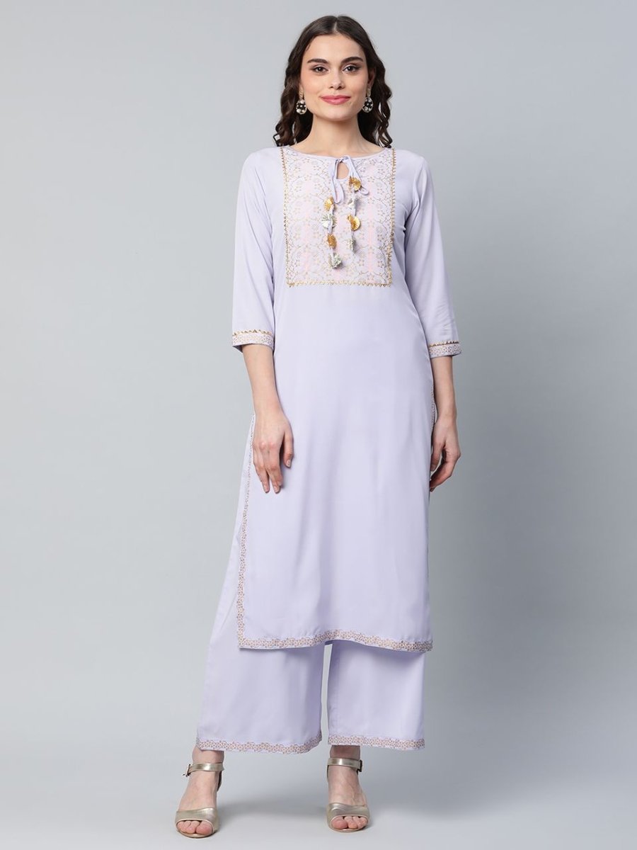 Ahalyaa Women's Powder Blue Crepe Gold Printed Kurta Palazzo Set | Grocsy