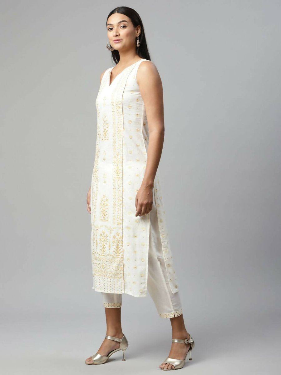 Ahalyaa Womens Off White Pure Cotton Printed Kurta Pant Set | Grocsy