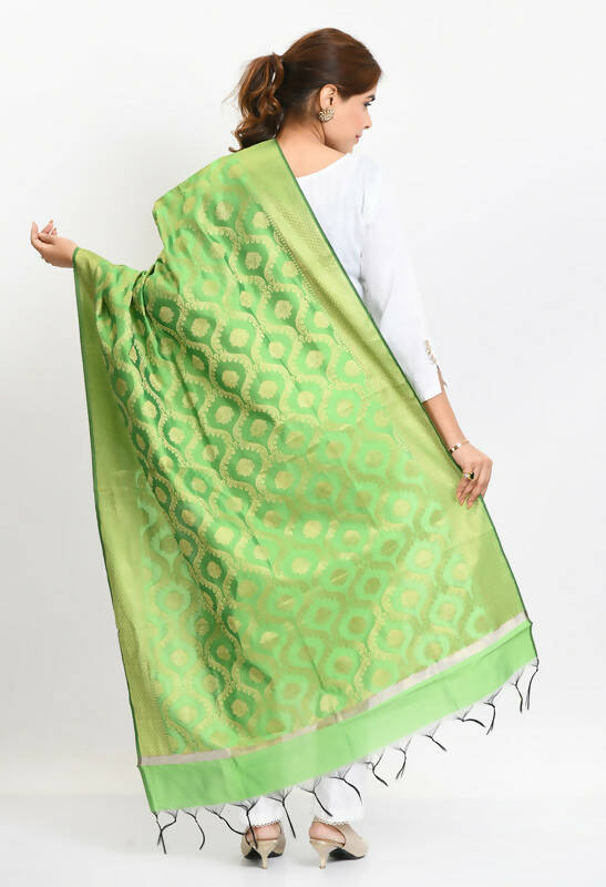 Mominos Fashion Moeza Women's Banarsi Silk All Over Woven Design Parrot Green Dupatta | Grocsy