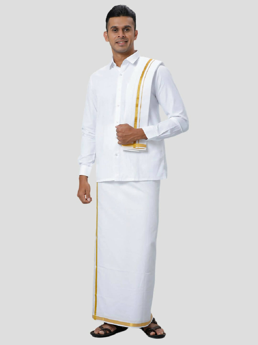 Ramraj Cotton Mens 1/4 " Poly Cotton Gold Jari Dhoti And Towel Set - White | Grocsy