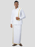 Ramraj Cotton Mens 1/4 " Poly Cotton Gold Jari Dhoti And Towel Set - White | Grocsy