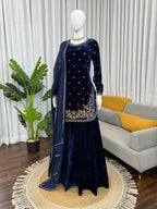 Vastranavya Blue Viscose Velvet Thread Sequence Work Kurta & Palazzo With Dupatta | Grocsy