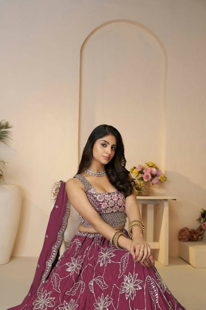 Kesar Fab Dark-Maroon Silk Embroidered Lehenga | Grocsy