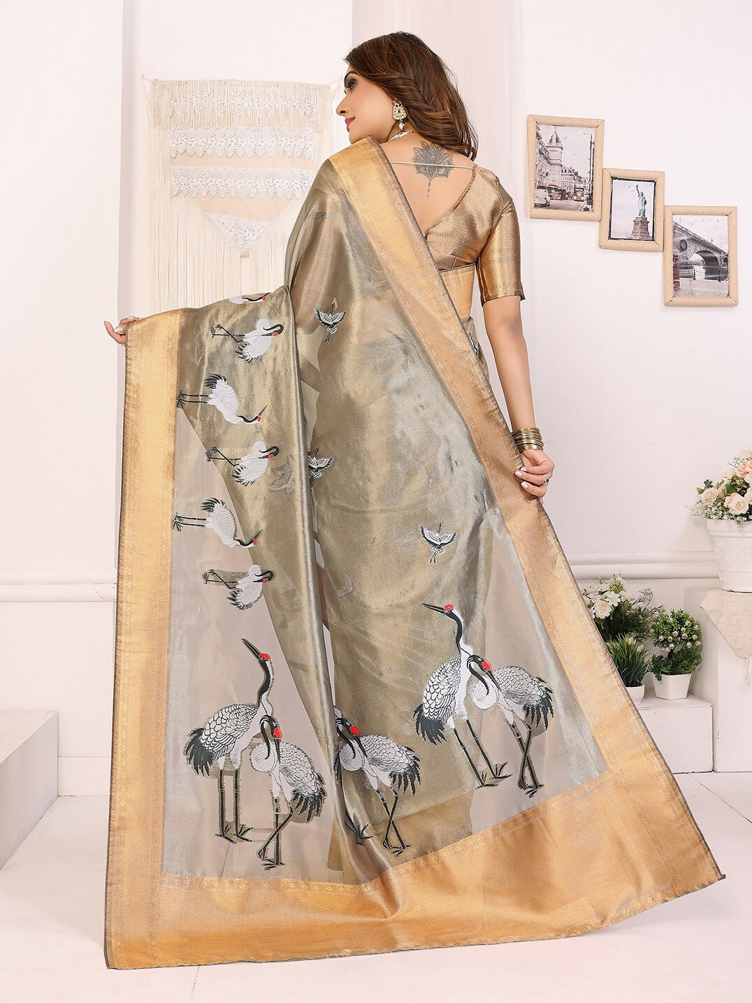 Joban Fashion Golden Cranes Patterns Banarasi Silk Sarees | Grocsy