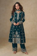 Anaita Teal Green Chinon Silk Stitched Suit with Embroidery & Sequence Work | Grocsy