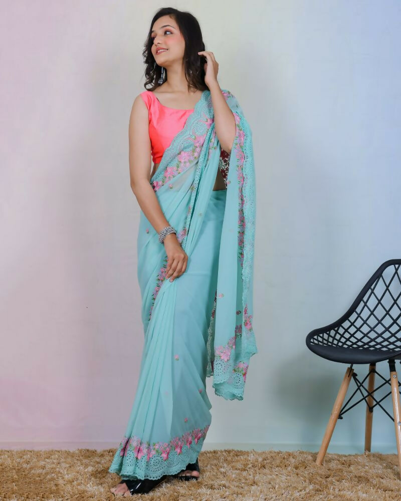 Vamsee Rashmika Blue Georgette Saree | Grocsy