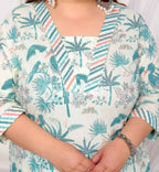 Miravan Women's Plus Size Cotton Light Green Scenic Birds And Leaf Floral Printed Straight Pakistani Style Kurta And Palazzo | Grocsy