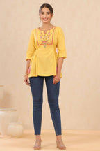 Juniper Women Yellow Cotton Dobby Embroidered A-Line Tunic | Grocsy