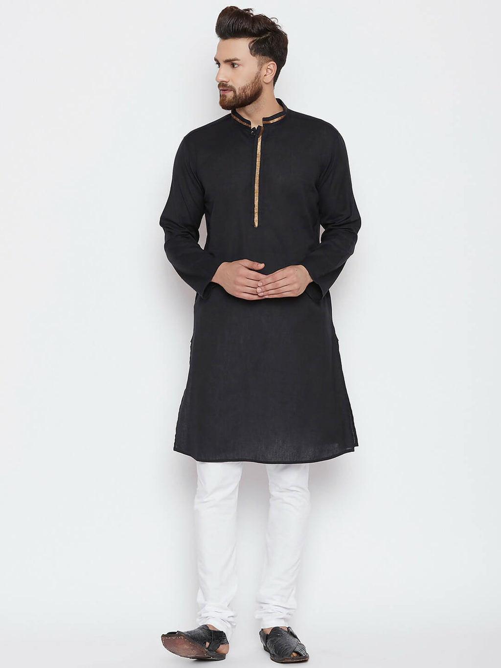 Even Apparels Black Color Pure Cotton Men's Kurta With Band Collar | Grocsy