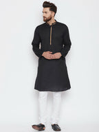 Even Apparels Black Color Pure Cotton Men's Kurta With Band Collar | Grocsy