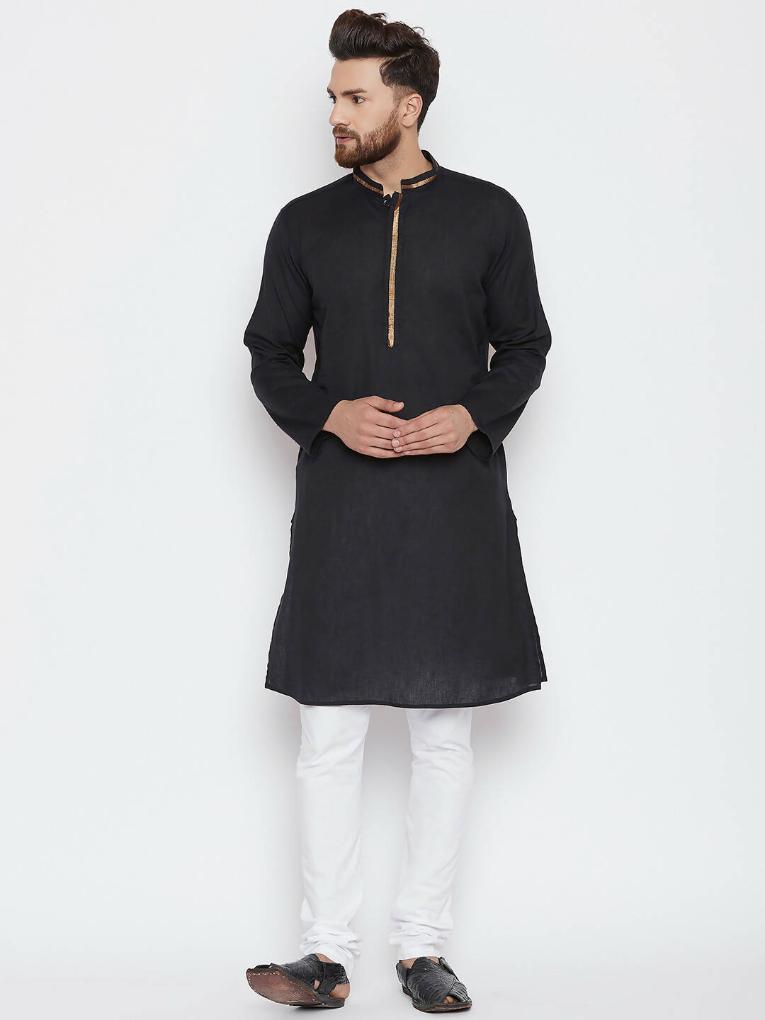 Even Apparels Black Color Pure Cotton Men's Kurta With Band Collar | Grocsy