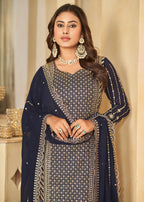 Mesmeric Blue Faux Georgette Palazzo Suit with Embroidery - Emponline | Grocsy