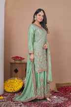 Teeya Creation Womens Trendy Light Green Silk Blend Gota Patti And Sequins Embroidered Sharara Suit Set | Grocsy