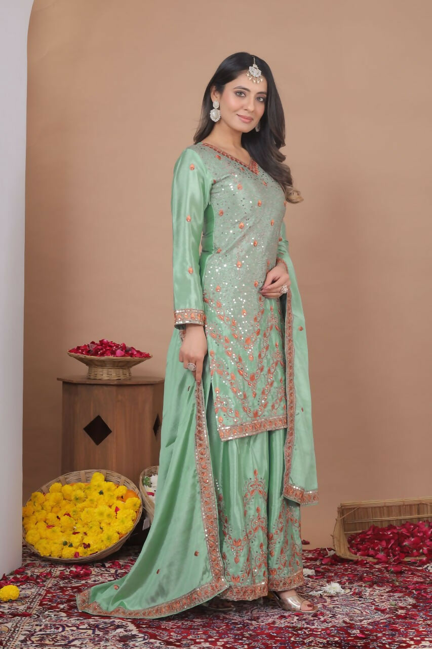 Teeya Creation Womens Trendy Light Green Silk Blend Gota Patti And Sequins Embroidered Sharara Suit Set | Grocsy