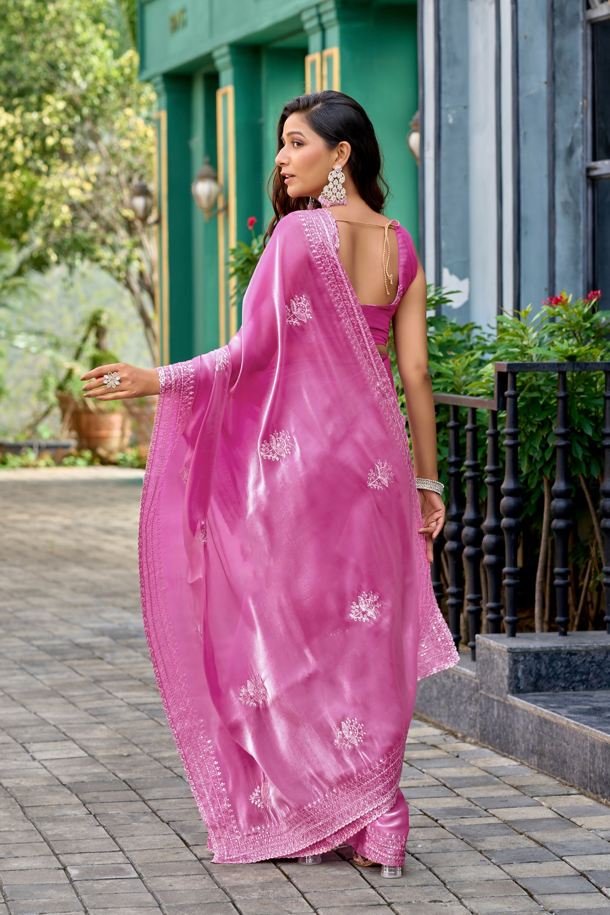 Vastranavya Baby Pink Embroidery Work Shimmer Chiffon Saree with Unstitched Blouse | Grocsy