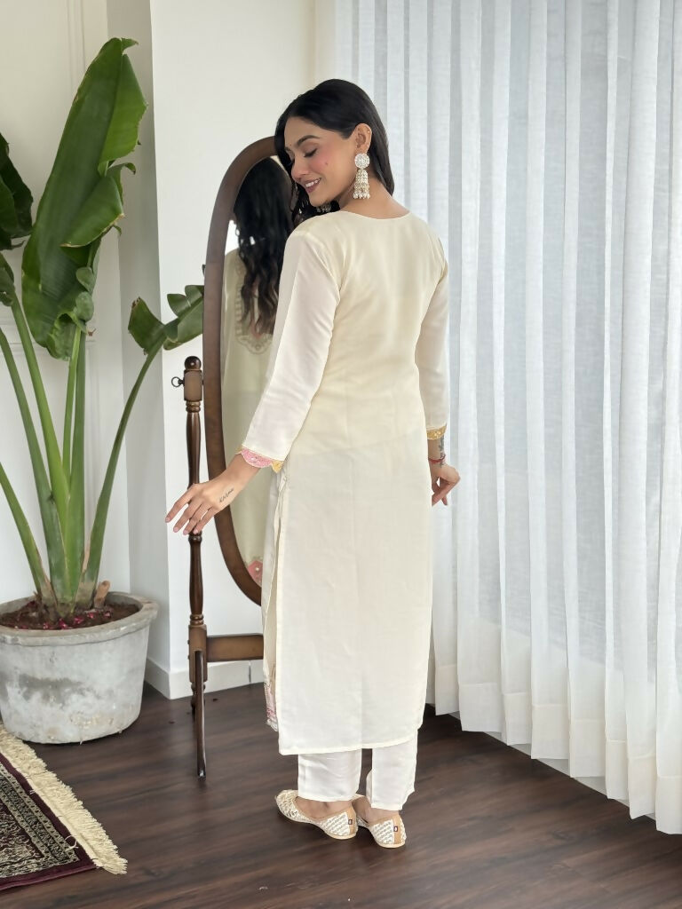 Cream Viscose chanderi Stitched Suit With Dupatta - Tanisha | Grocsy