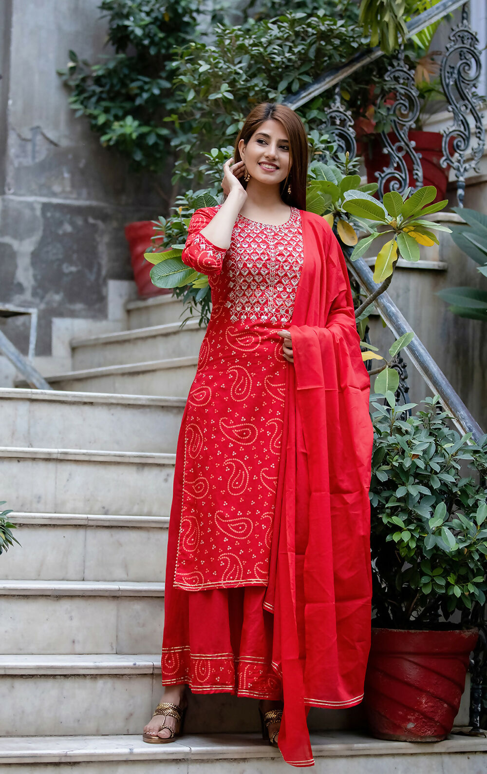 Kaajh Women's Red Bhandej Embroidered Kurta Sharara With Dupatta Set | Grocsy