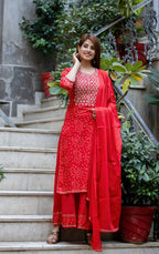 Kaajh Women's Red Bhandej Embroidered Kurta Sharara With Dupatta Set | Grocsy