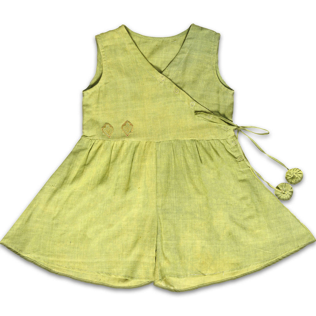 Mhyssa Green V Neck Short Jumpsuit With Front Overlap Tie-Up For Kids | Grocsy