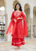 Kaajh Women's Red Embroidered Cotton Kurta Sharara Set With Dupatta | Grocsy