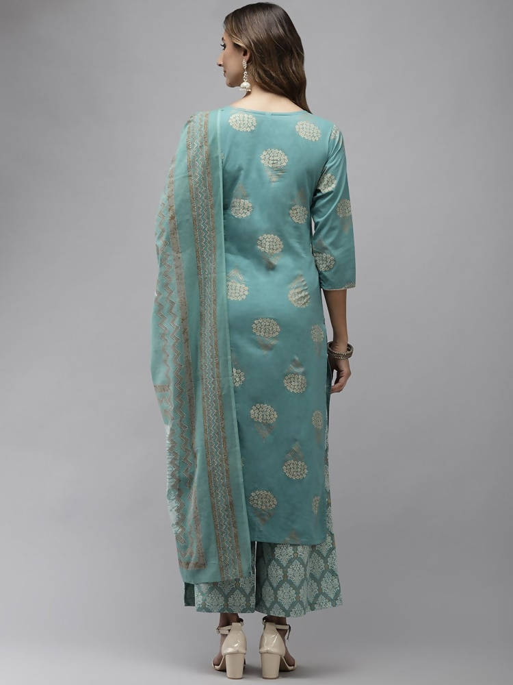 Yufta Women Blue & Off-White Printed Kurta with Palazzo & Dupatta | Grocsy