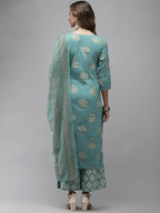 Yufta Women Blue & Off-White Printed Kurta with Palazzo & Dupatta | Grocsy