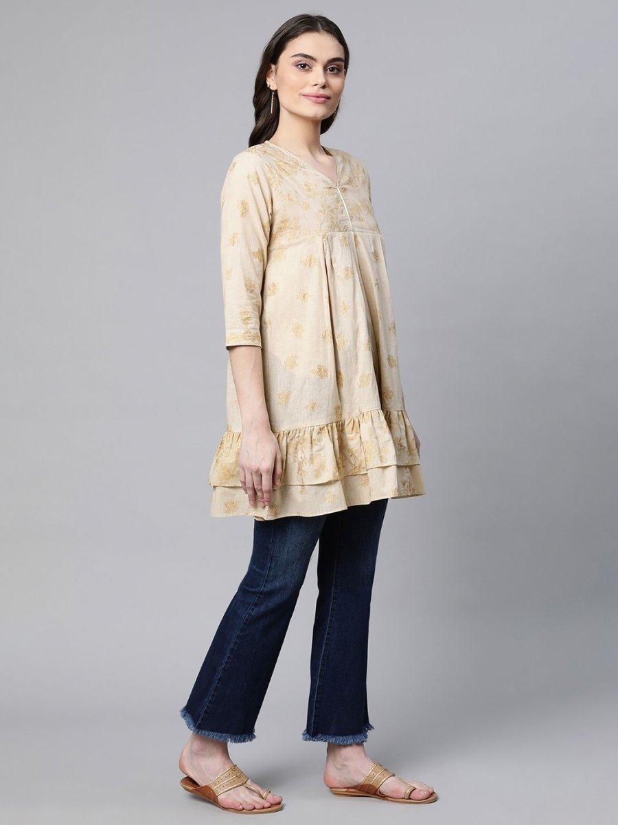 Ahalyaa Beige Cotton Gold Printed Tunic | Grocsy