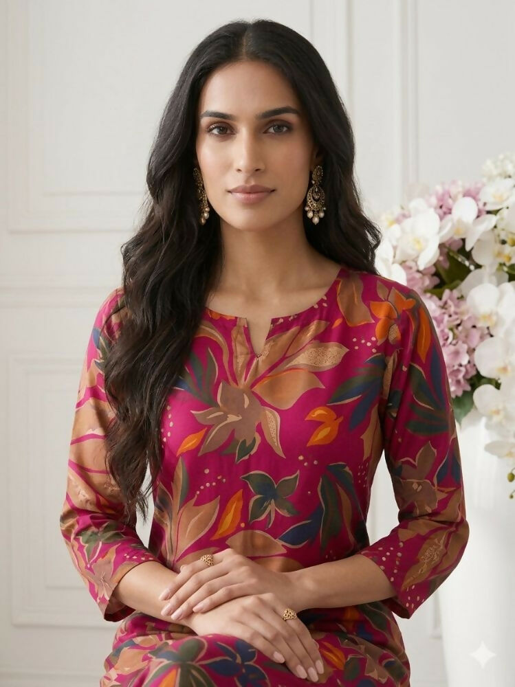 Teeya Creation Women New Latest Red Floral Printed Crepe Kurta with Palazzos Set | Grocsy