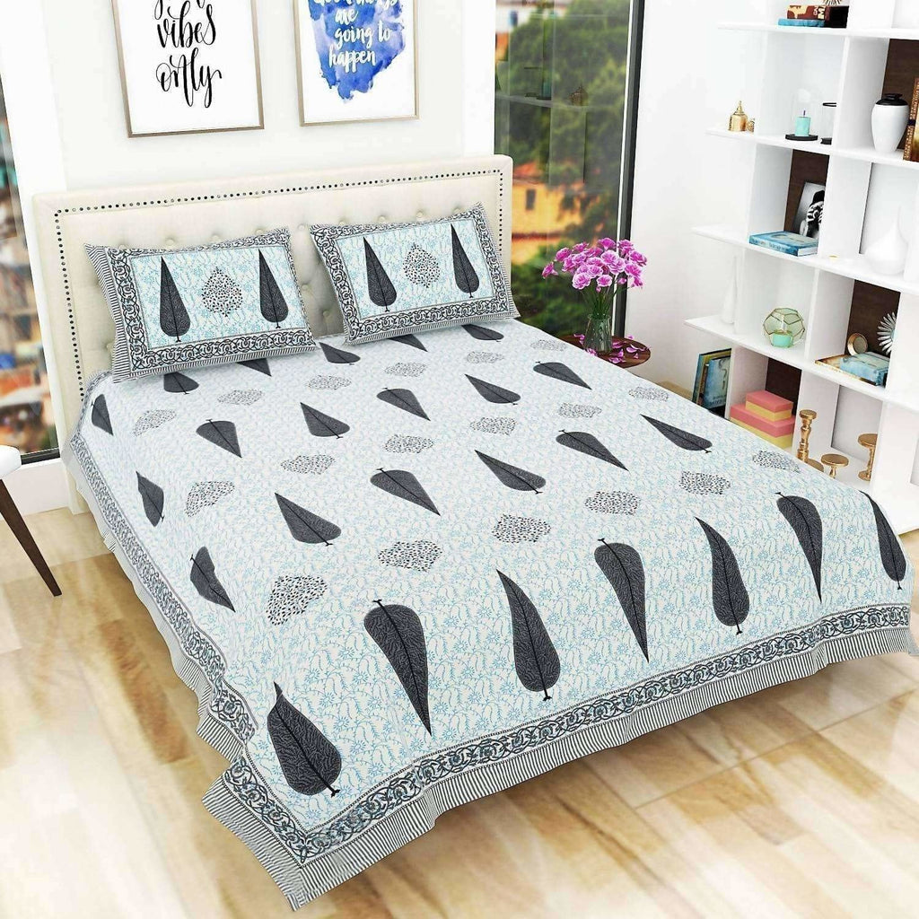 Queen Size 90x108 Inches Jaipuri Sanganeri Print Flat Bed Sheet Bedspread with 2 Pillowcases | Grocsy