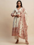 White And Peach Pure Cotton Floral Printed Anarkali Kurta And Bottom With Dupatta - Akashara | Grocsy