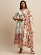 White And Peach Pure Cotton Floral Printed Anarkali Kurta And Bottom With Dupatta - Akashara | Grocsy