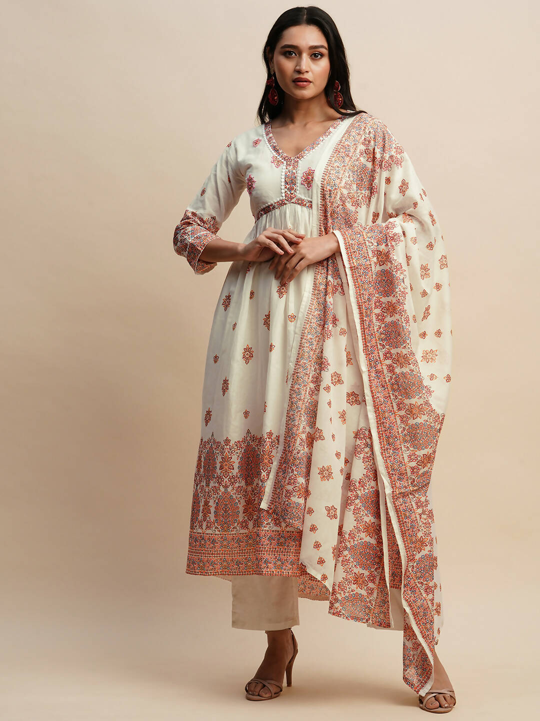 White And Peach Pure Cotton Floral Printed Anarkali Kurta And Bottom With Dupatta - Akashara | Grocsy