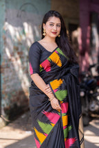 Black Polycotton Woven Design Saree with Unstitched Blouse - Hiral Fashion | Grocsy