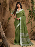 Anaita Mehendi Linen Cotton Zari Work Saree With Blouse | Grocsy