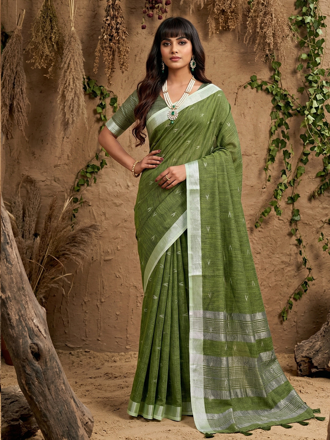 Anaita Mehendi Linen Cotton Zari Work Saree With Blouse | Grocsy