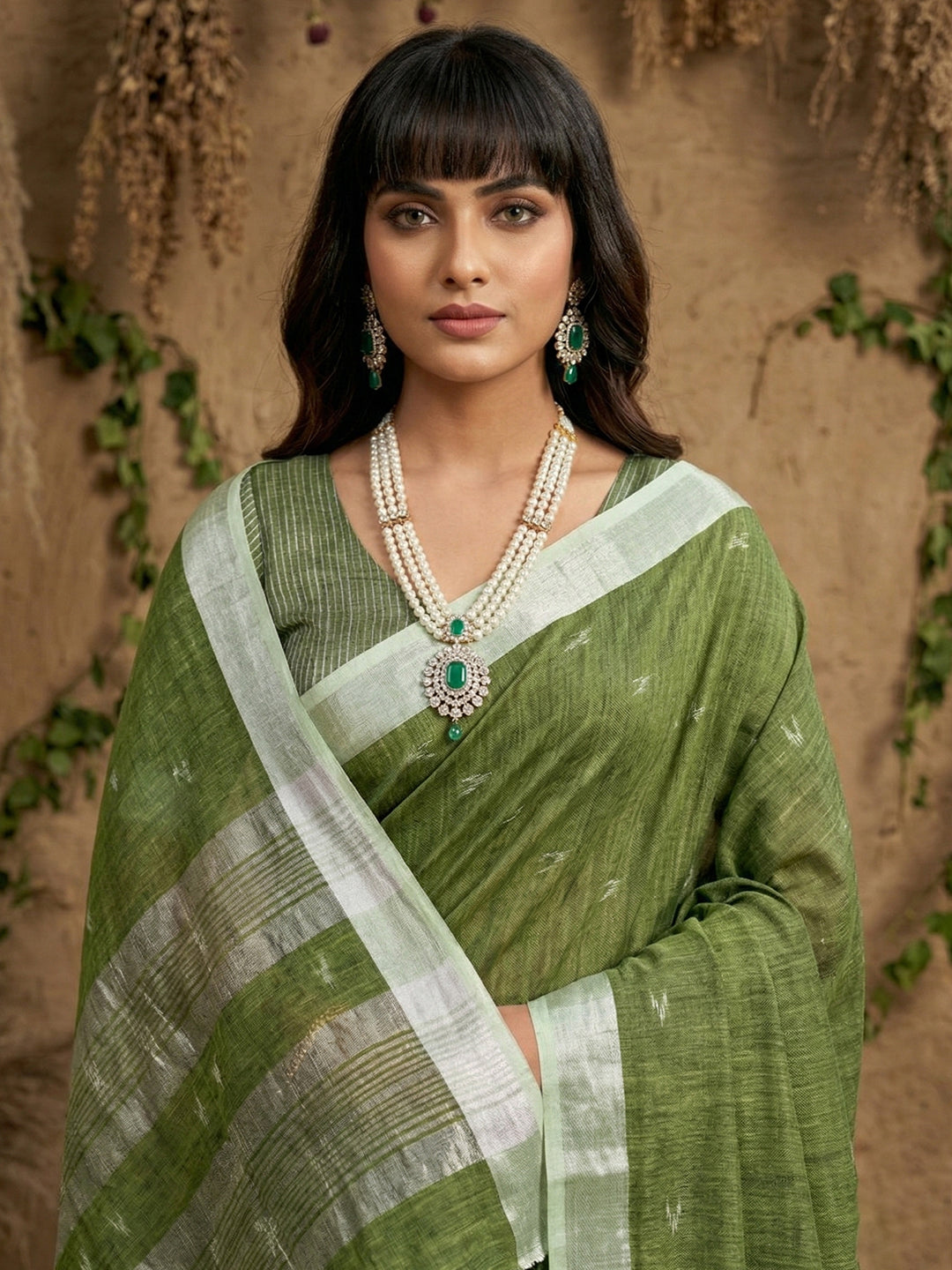 Anaita Mehendi Linen Cotton Zari Work Saree With Blouse | Grocsy