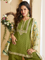 Evanik Women Mehendi Chinon Silk Zari Embroidered Sequins Sharara Suit | Grocsy