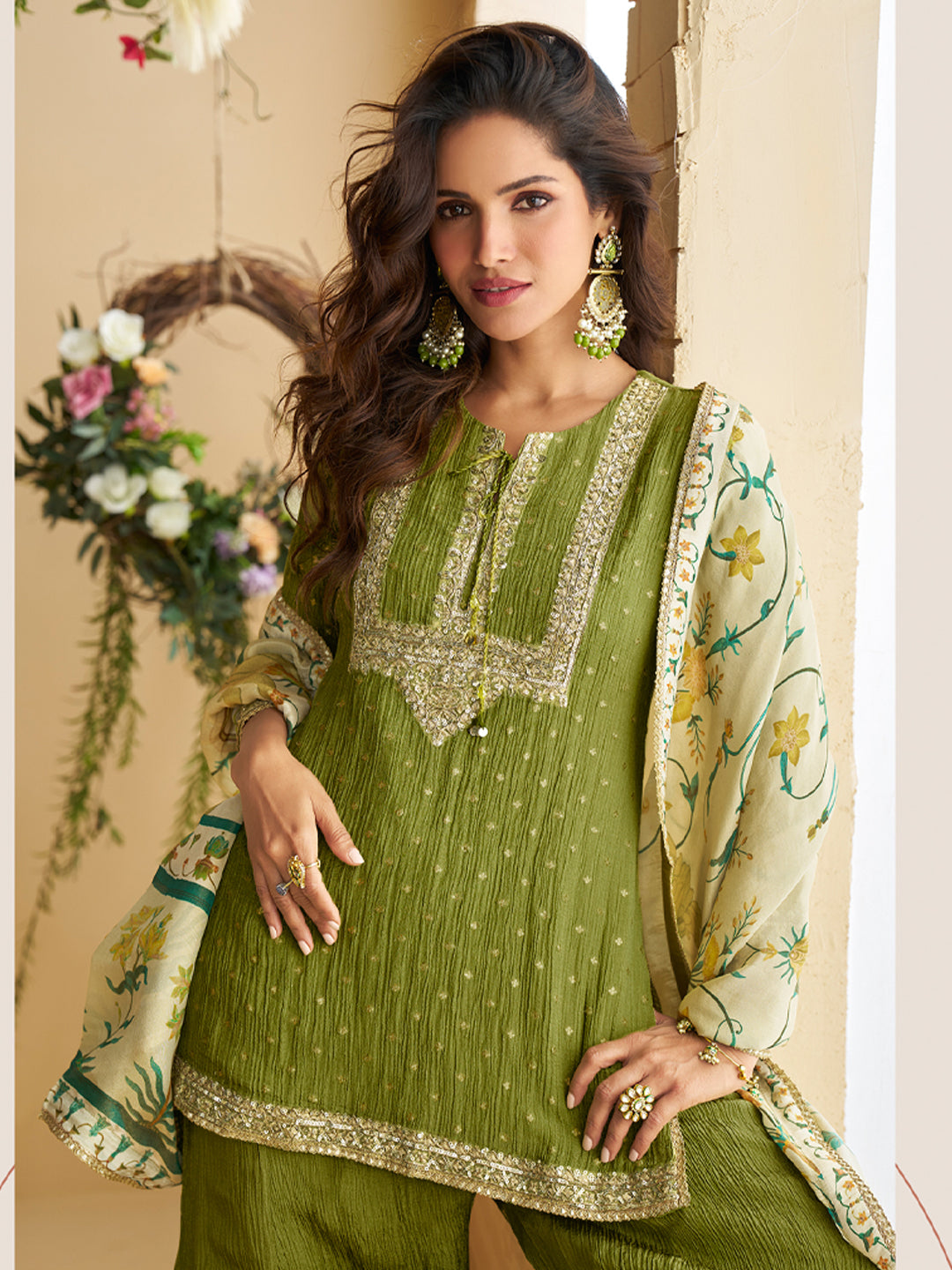 Evanik Women Mehendi Chinon Silk Zari Embroidered Sequins Sharara Suit | Grocsy