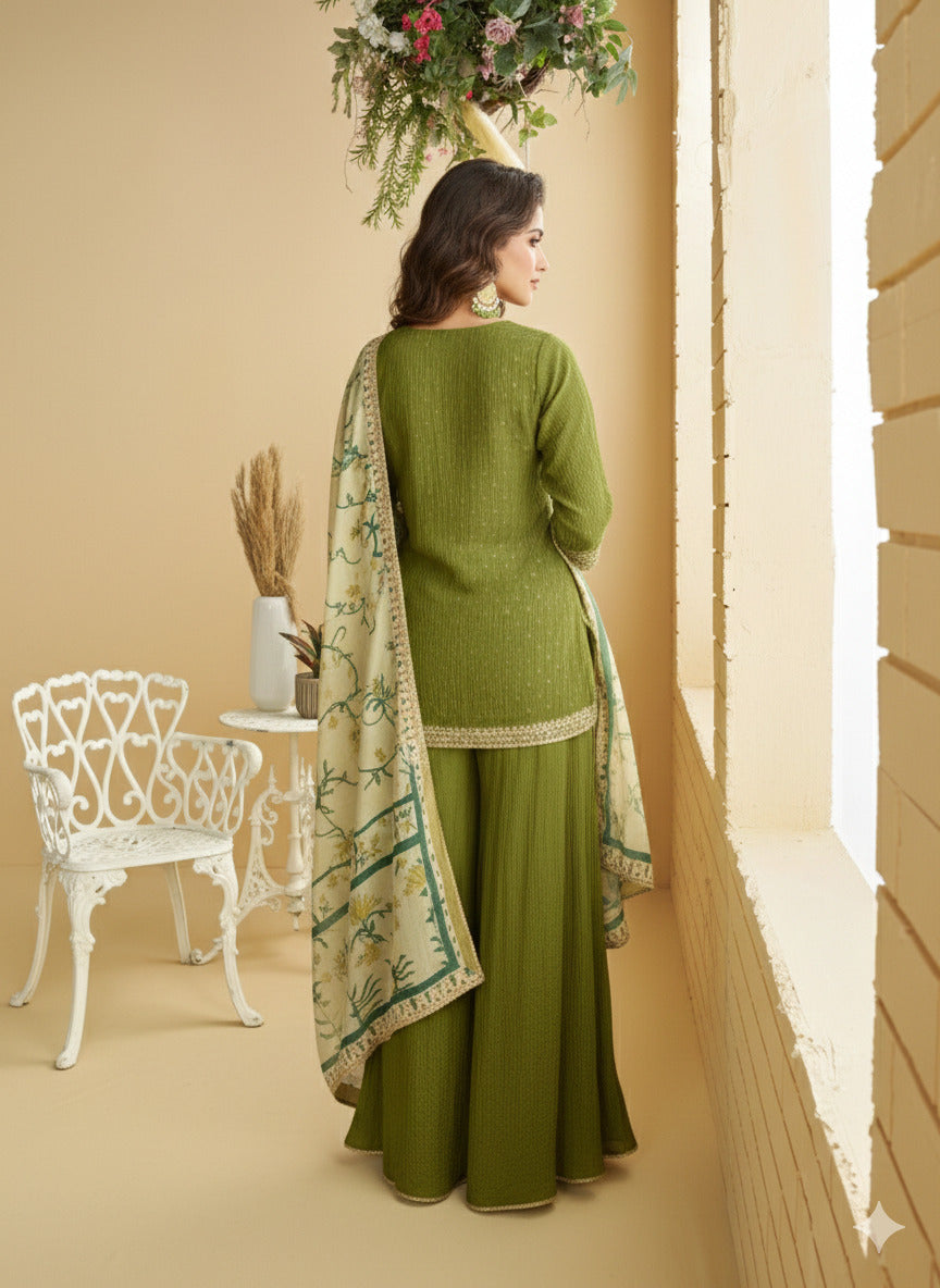 Evanik Women Mehendi Chinon Silk Zari Embroidered Sequins Sharara Suit | Grocsy