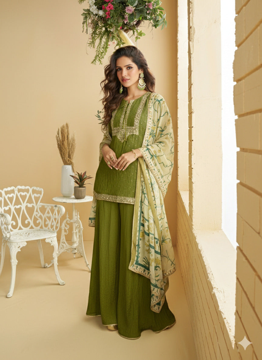 Evanik Women Mehendi Chinon Silk Zari Embroidered Sequins Sharara Suit | Grocsy