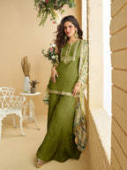 Evanik Women Mehendi Chinon Silk Zari Embroidered Sequins Sharara Suit | Grocsy