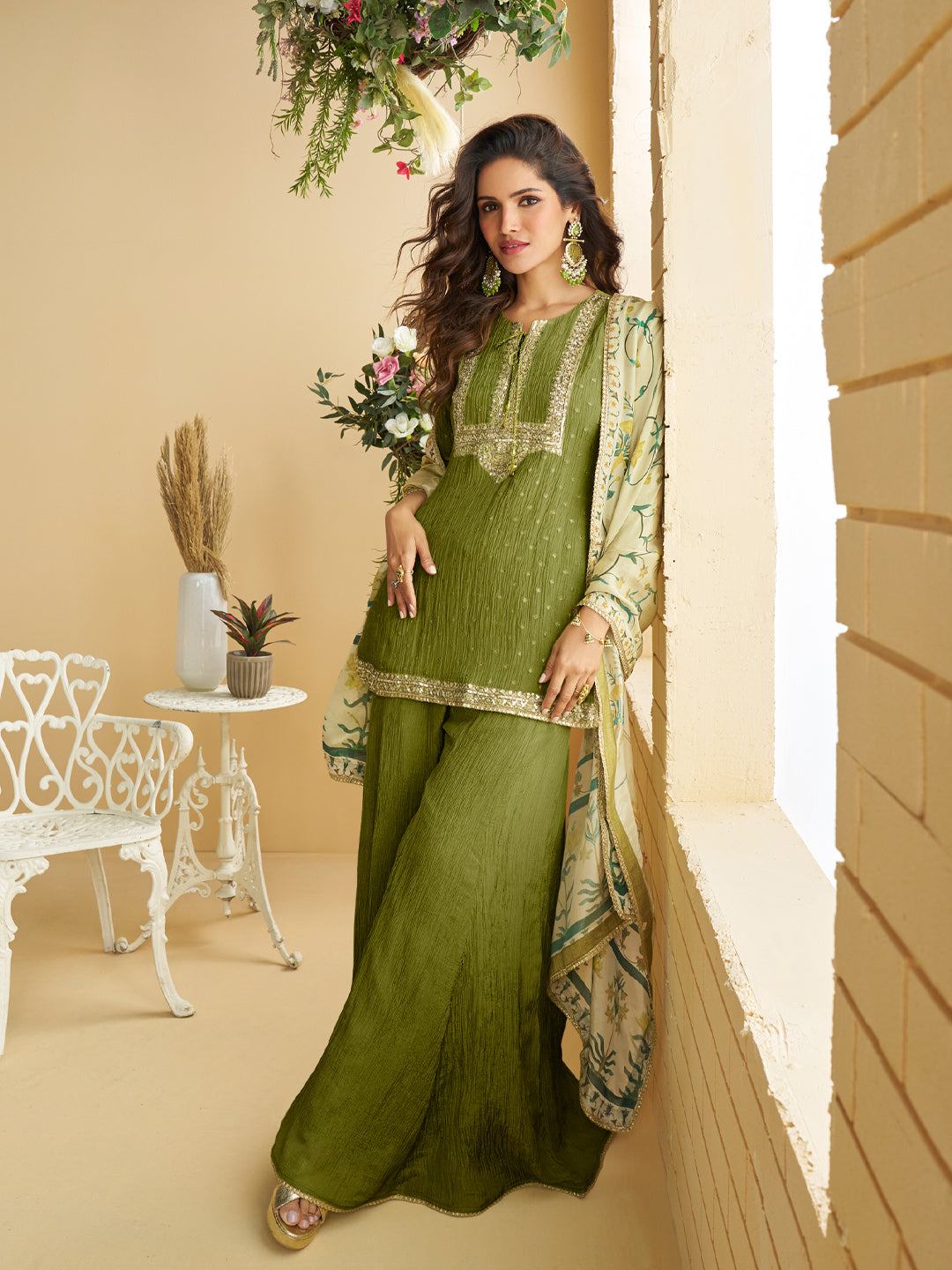 Evanik Women Mehendi Chinon Silk Zari Embroidered Sequins Sharara Suit | Grocsy